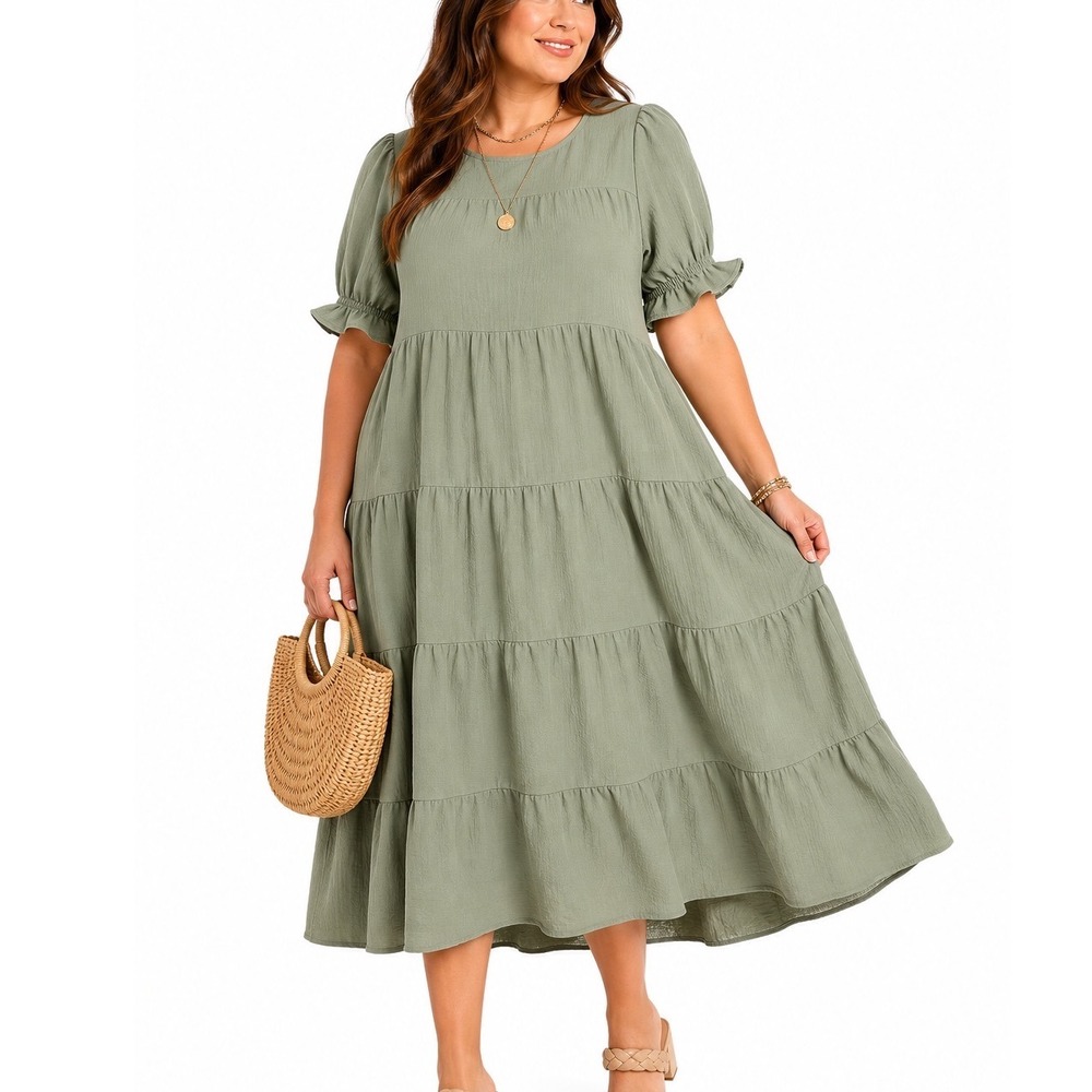 Davi & Dani Tiered Maxi Dress Sage Green Women 1XL Boho Prairie Ruffle Plus Size